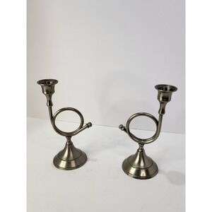 Vintage French Horn Candlestick Holders Pair Brushed Metal Taper India 7 Inch